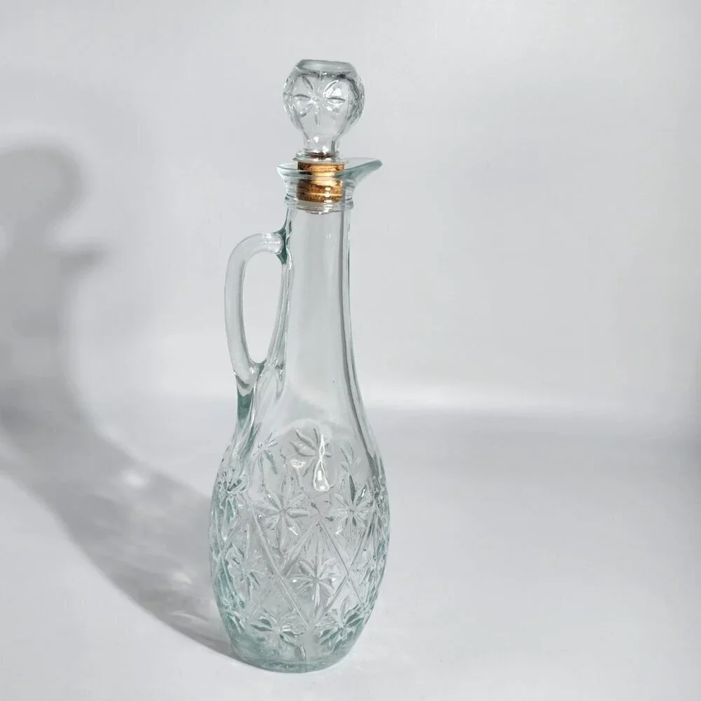 Starburst Daisy In Triangles Cut Glass Decanter With Stopper and Cork Vintage